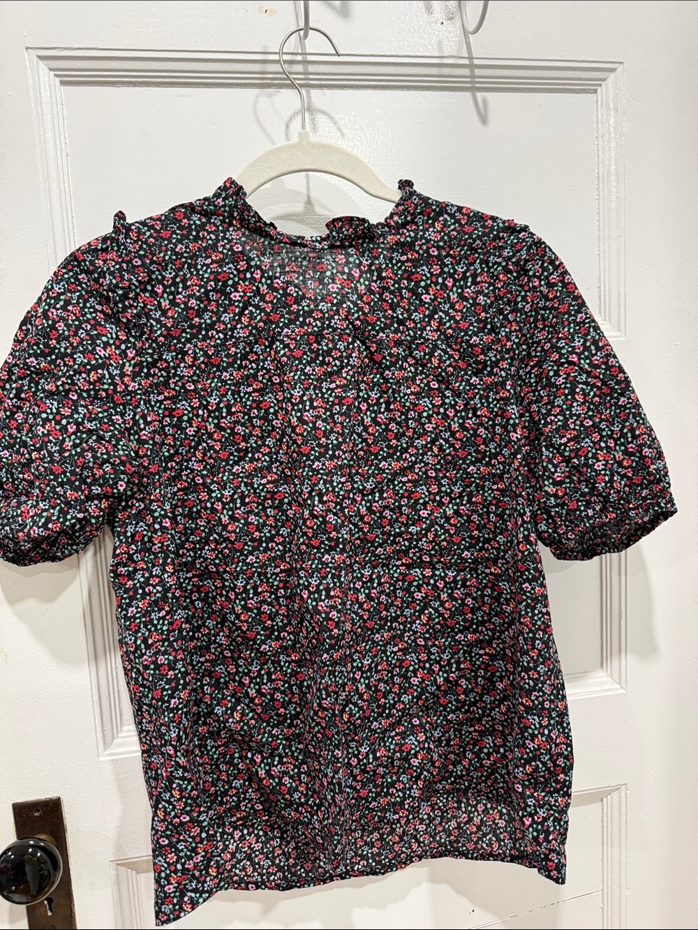 Madewell Black Floral Peasant Blouse with Pink & Green Blossoms